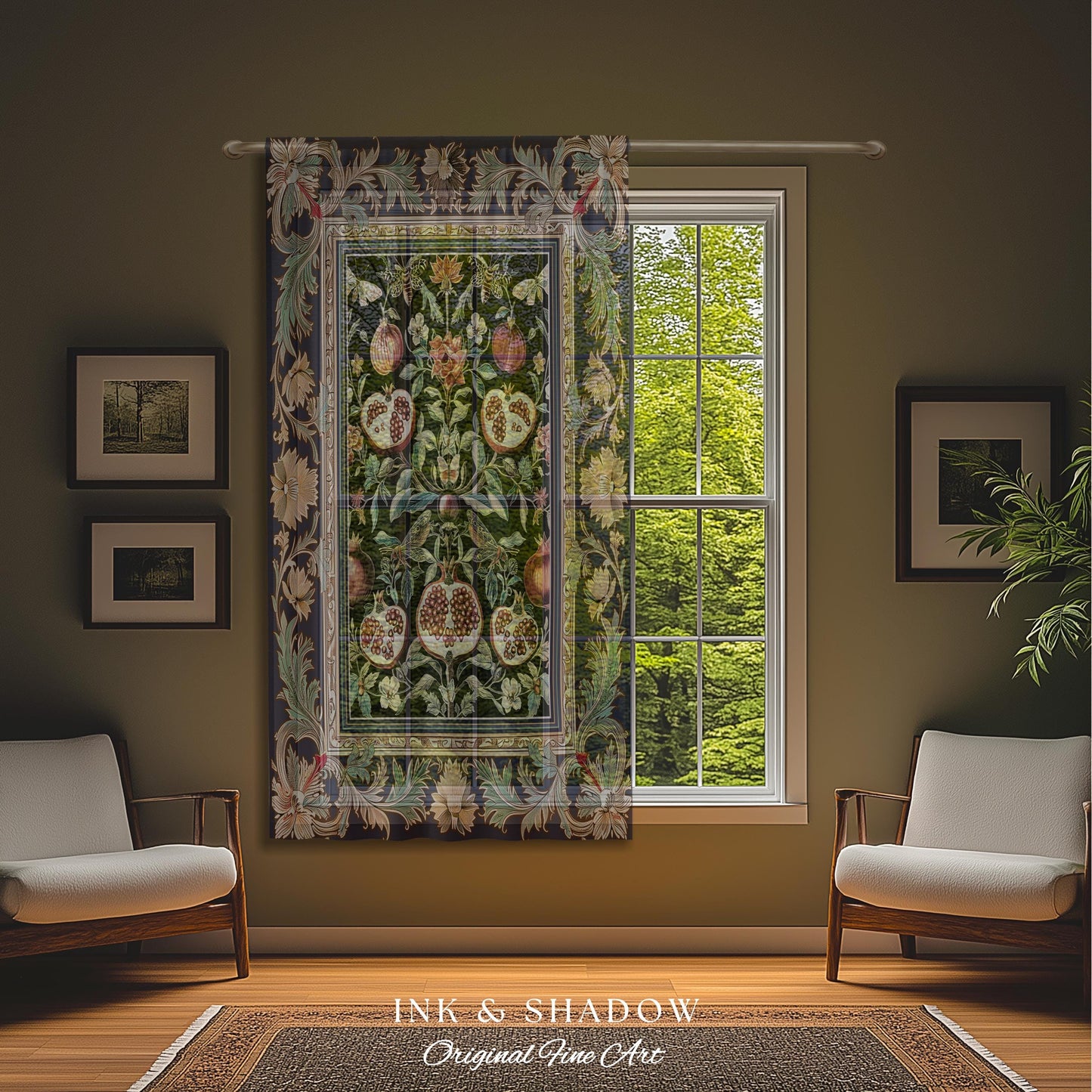 Baroque Botanical Pomegranate Curtain | Dark Floral Whimsigoth Butterfly Nature Curtains Cottagecore Medieval Style Drapes Fairycore Style
