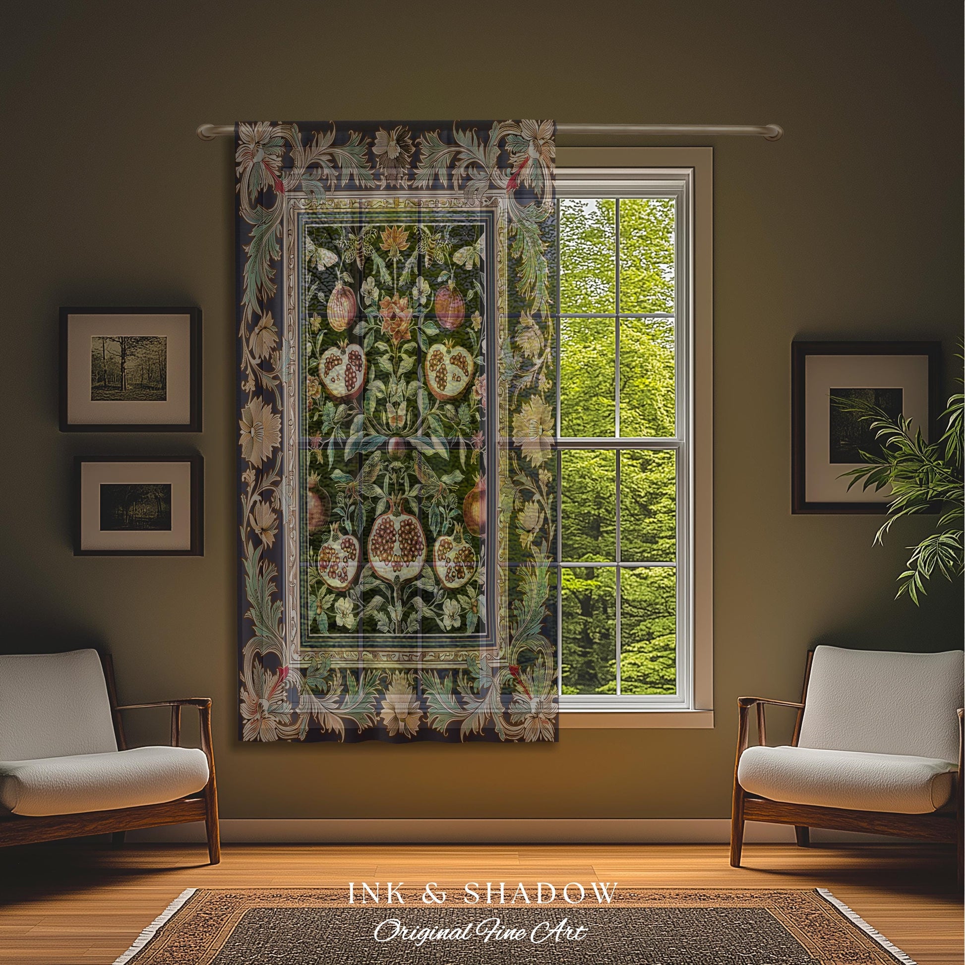 Baroque Botanical Pomegranate Curtain | Dark Floral Whimsigoth Butterfly Nature Curtains Cottagecore Medieval Style Drapes Fairycore Style
