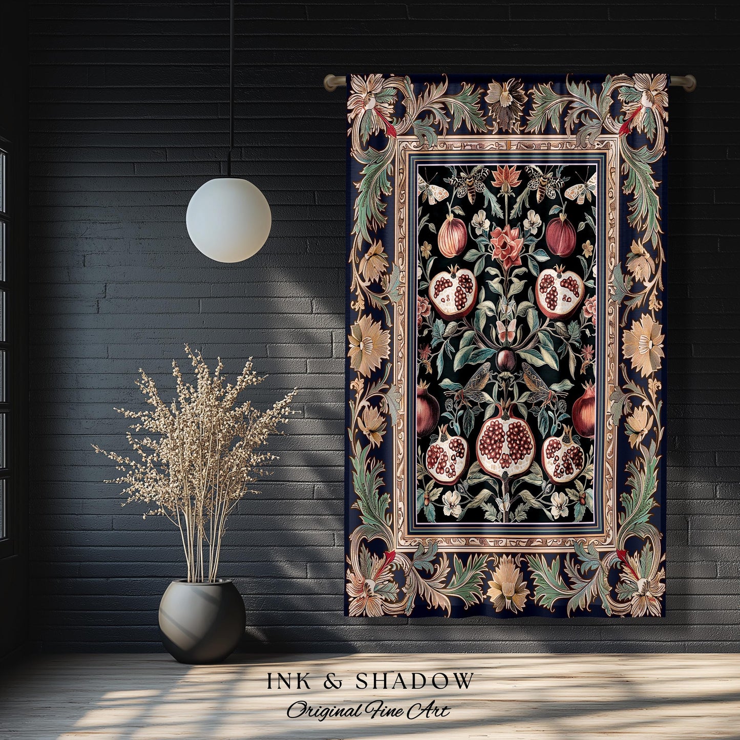 Baroque Botanical Pomegranate Curtain | Dark Floral Whimsigoth Butterfly Nature Curtains Cottagecore Medieval Style Drapes Fairycore Style