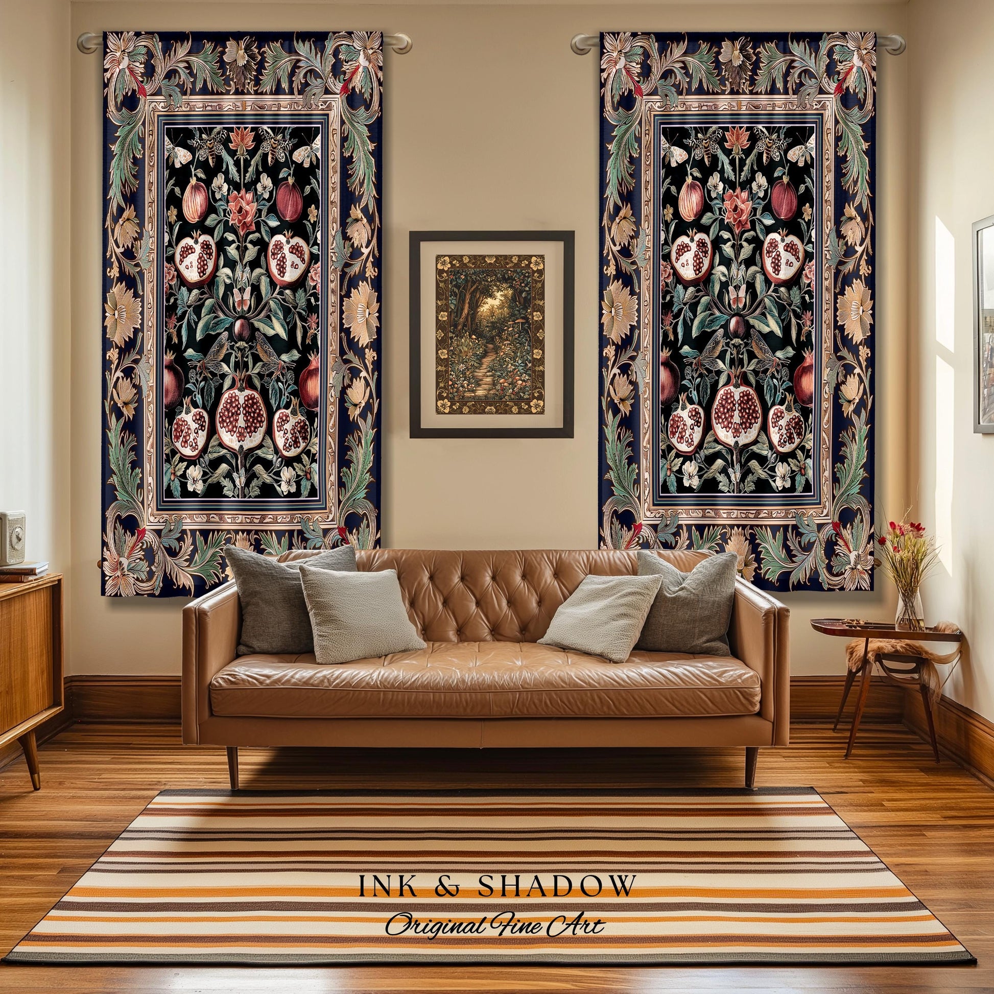 Baroque Botanical Pomegranate Curtain | Dark Floral Whimsigoth Butterfly Nature Curtains Cottagecore Medieval Style Drapes Fairycore Style