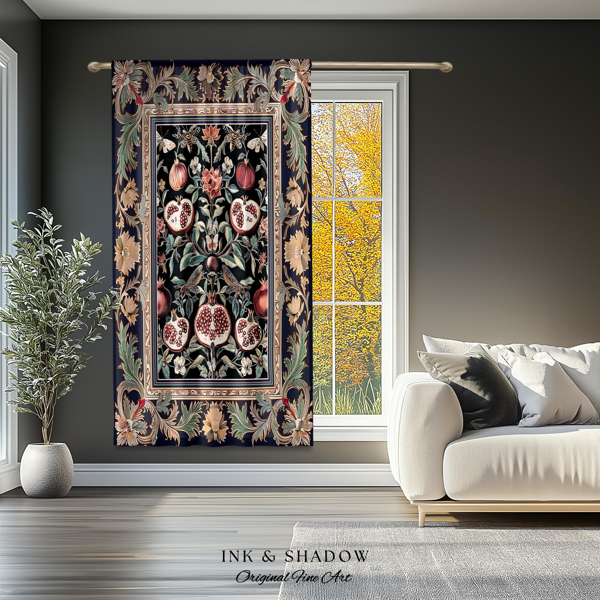 Baroque Botanical Pomegranate Curtain | Dark Floral Whimsigoth Butterfly Nature Curtains Cottagecore Medieval Style Drapes Fairycore Style