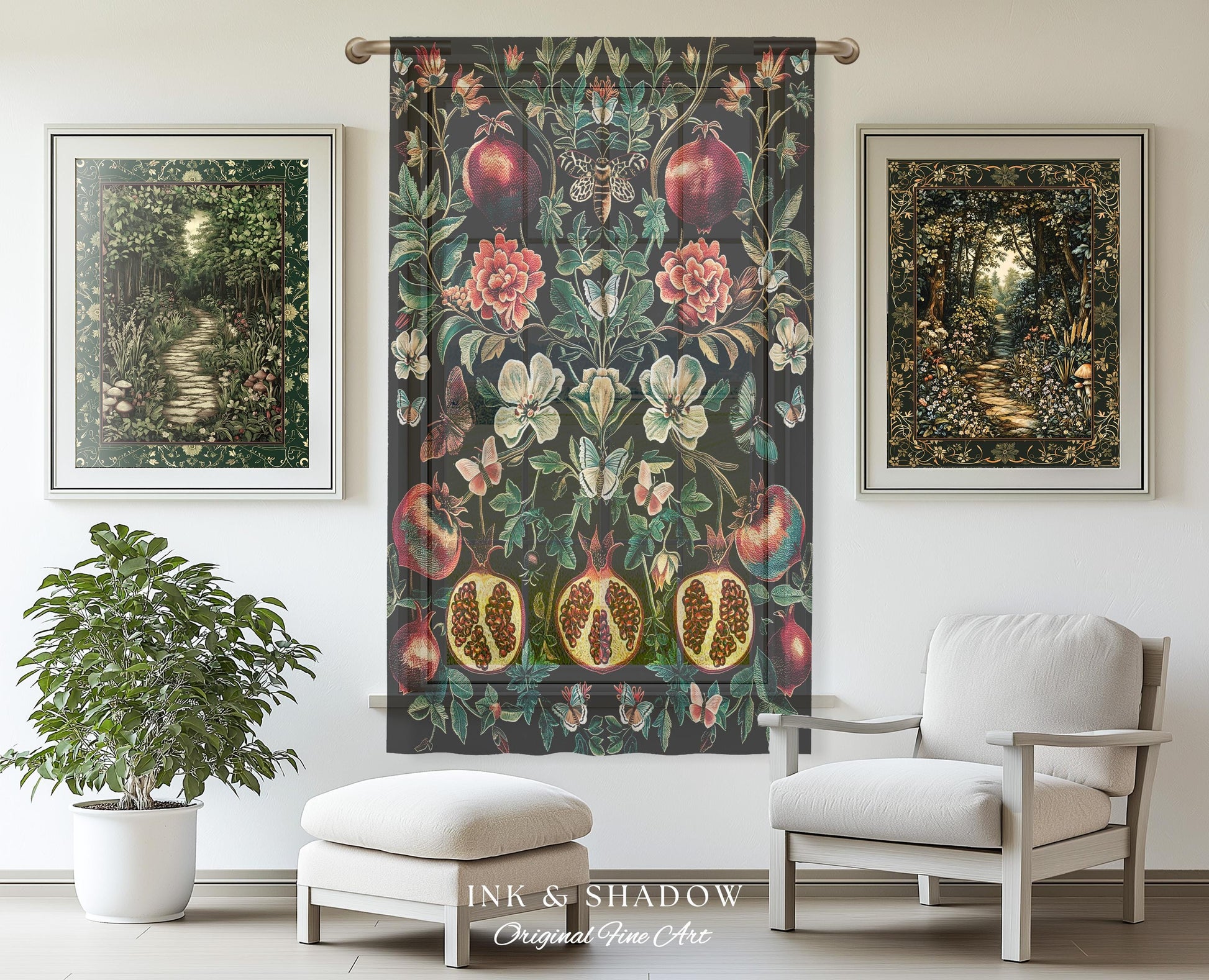 Ethereal Pomegranate Curtain Enchanted Botanical Drapes | Baroque Inspired Dark Academia Butterfly Moth Gothic Floral Fruit Decor Botanical