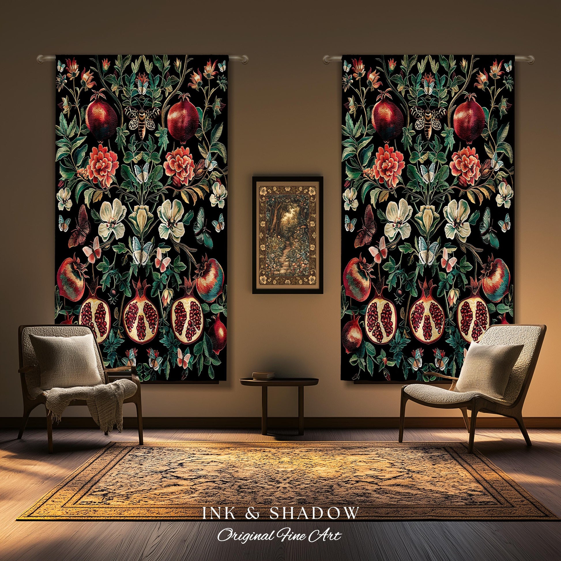 Ethereal Pomegranate Curtain Enchanted Botanical Drapes | Baroque Inspired Dark Academia Butterfly Moth Gothic Floral Fruit Decor Botanical