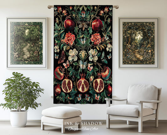 Ethereal Pomegranate Curtain Enchanted Botanical Drapes | Baroque Inspired Dark Academia Butterfly Moth Gothic Floral Fruit Decor Botanical