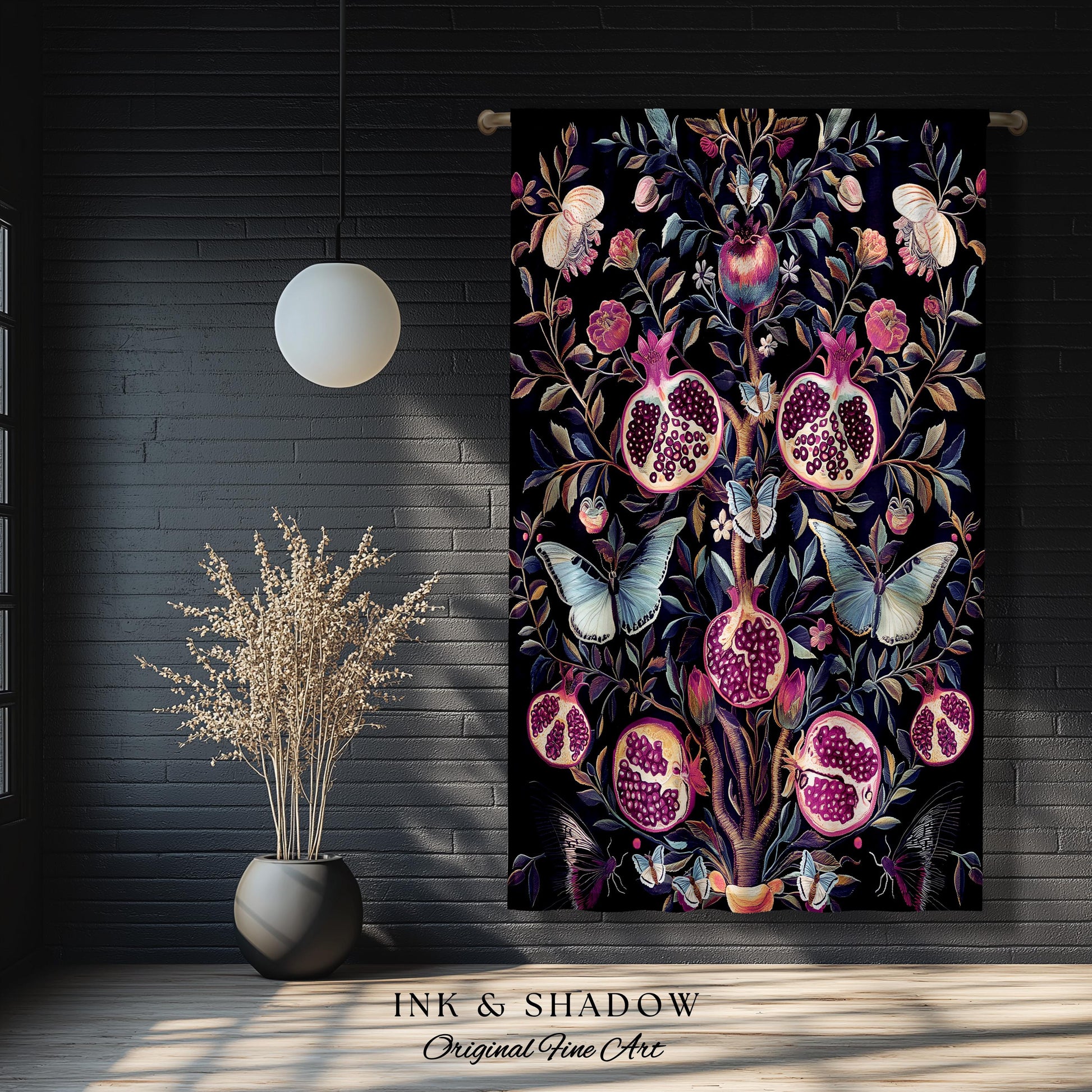 Whimsical Pomegranate Curtain Enchanted Woodland | Dark Academia Vintage Floral Aesthetic Butterfly Art Ethereal Decor Colorful Drapes Boho