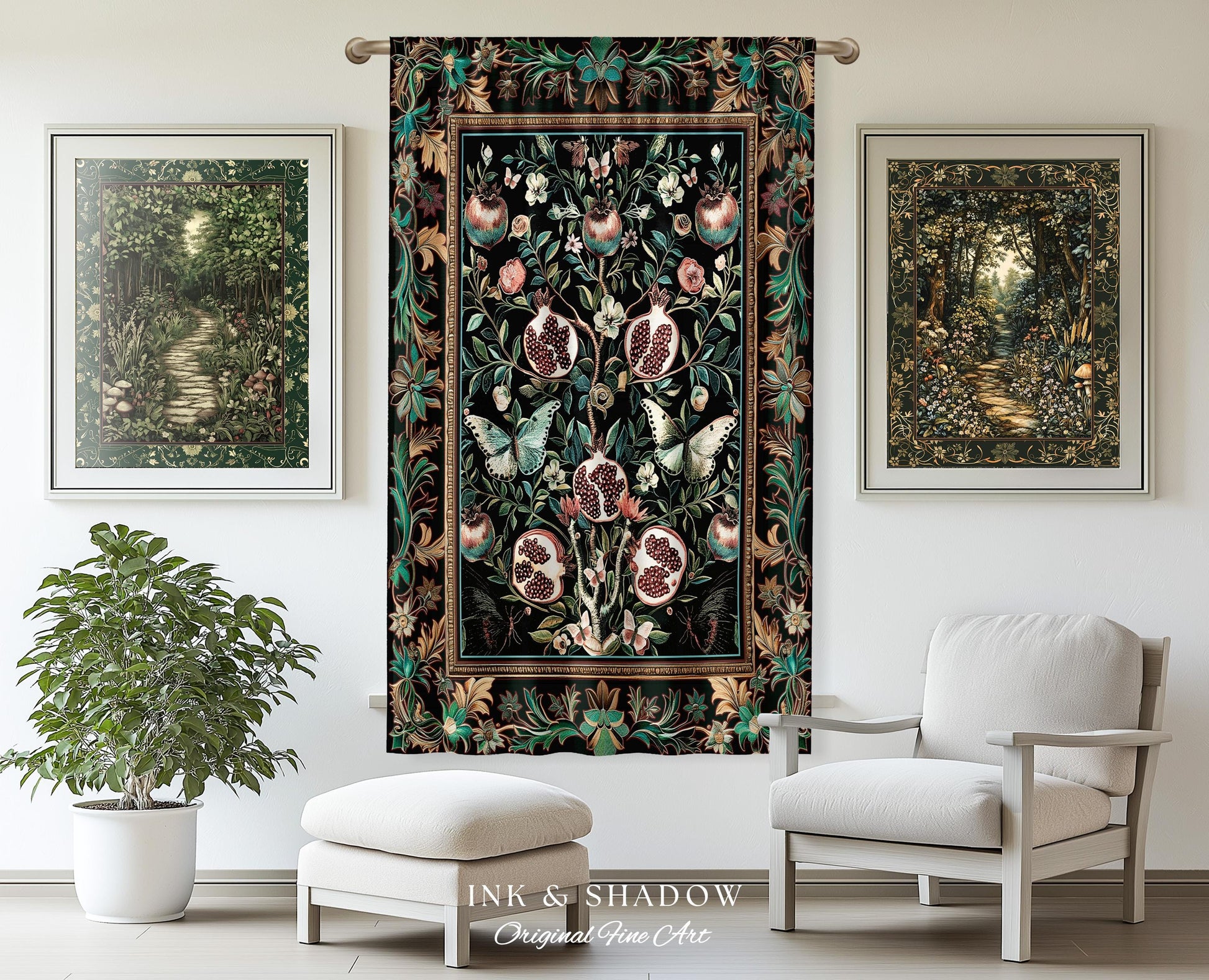 Mystical Pomegranate Forestcore Design Curtain Whimsical Nature Inspired Botanical Cottagecore Decor, Vintage Woodland Gothic Drapes Magical