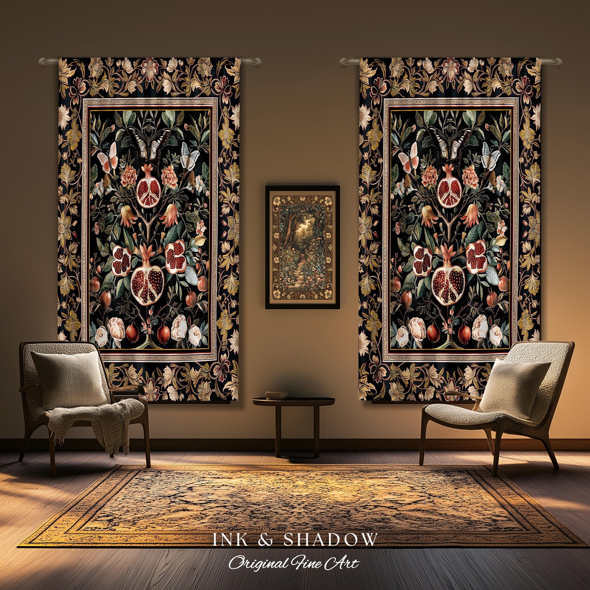 Victorian Gothic Pomegranate Curtains Dark Botanical Vintage Aesthetic Decor | Enchanted Forest Wildflower Art Butterfly Drapes Woodland |