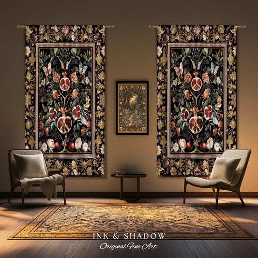 Victorian Gothic Pomegranate Curtains Dark Botanical Vintage Aesthetic Decor | Enchanted Forest Wildflower Art Butterfly Drapes Woodland |