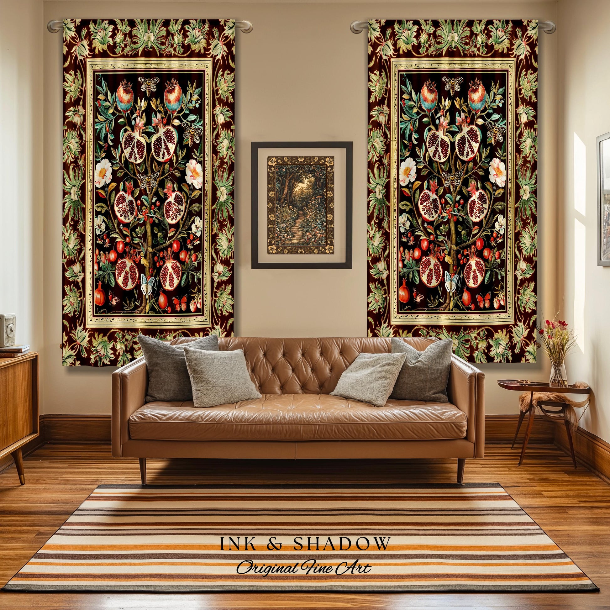 Antique Aesthetic Pomegranate Curtain Enchanted Garden Inspired Drapes | Dark Cottagecore Gothic Woodland Whimsy Floral Butterfly Moth Decor
