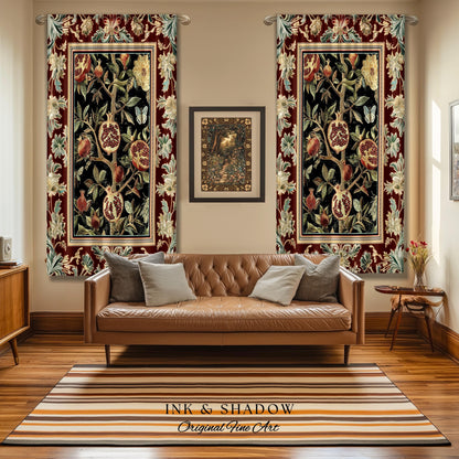 Floral Whimsigoth Vintage Pomegranate Art Nature Curtains Cottagegoth Botanical Baroque Elegance, Medieval Style Forestcore Drapes Whimsical