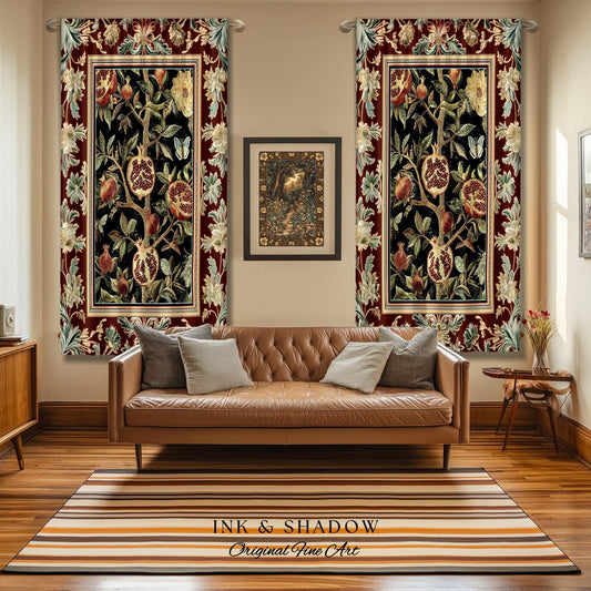 Floral Whimsigoth Vintage Pomegranate Art Nature Curtains Cottagegoth Botanical Baroque Elegance, Medieval Style Forestcore Drapes Whimsical