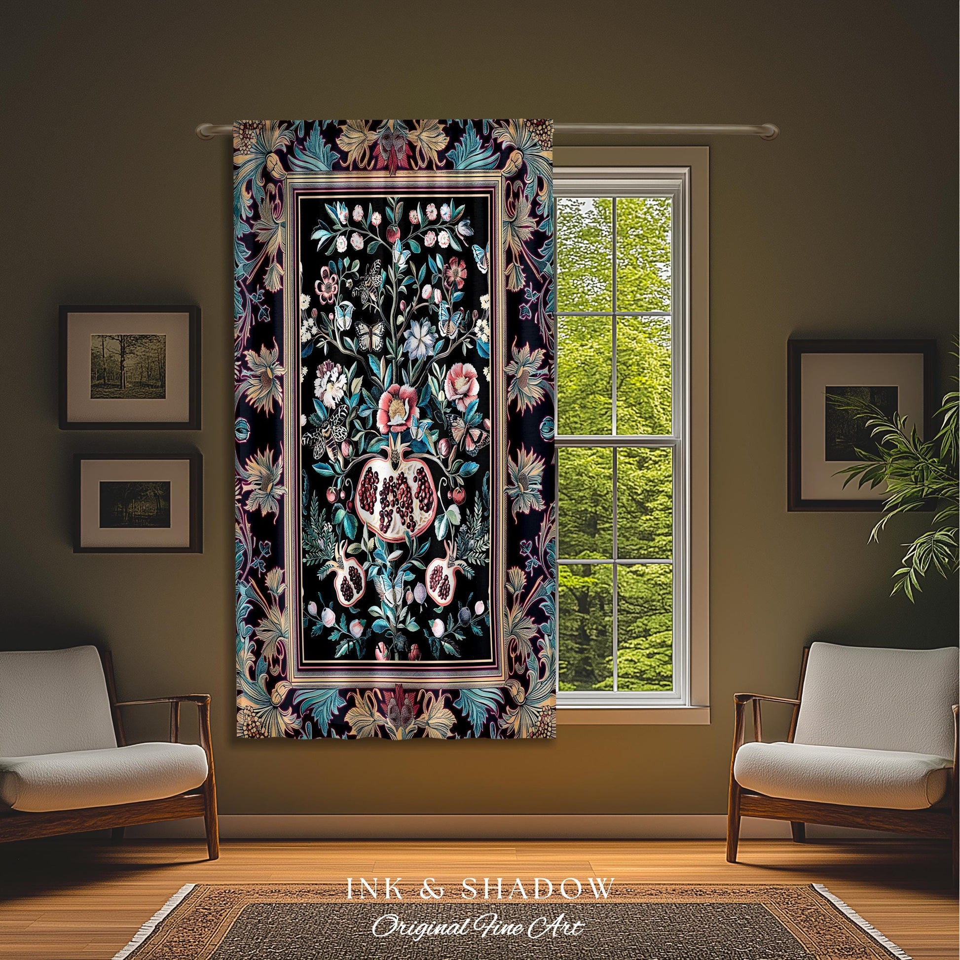 Witchy Dark Academia Pomegranate Curtain Whimsigothic Floral Home Decor, Enchanted Cottagecore Drapes Victorian Gothic Dark Nature Accent |