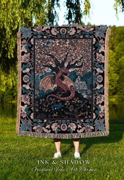 Mystic Serpent Dragon Cozy Throw Blanket | Medieval Whimsy Dark Academia Bedding Magical Aesthetic Tree Woven Wall Tapestry Fairytale Theme