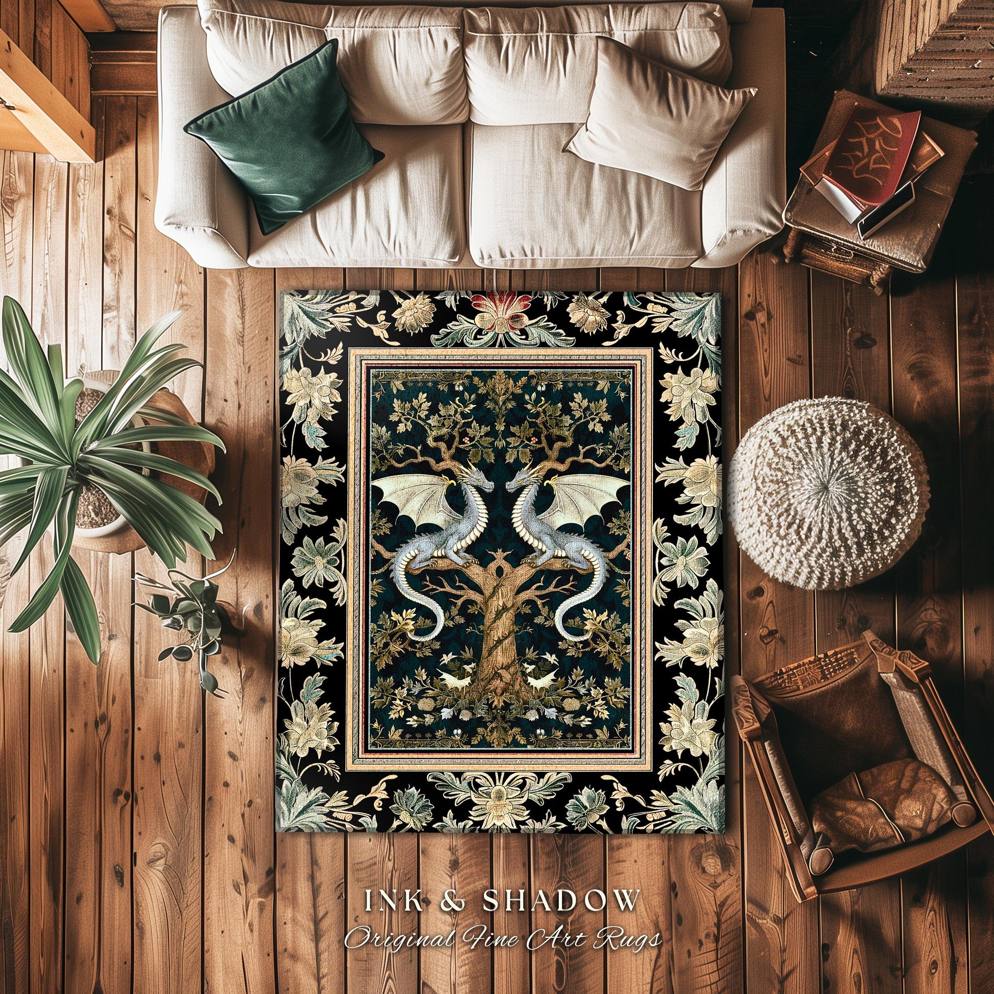 Mystical Victorian Dragon Rug Ornate Floral Art Nouveau Design, Enchanted Baroque Forest Fantasy | Medieval Gothic Cottagecore Accent Decor