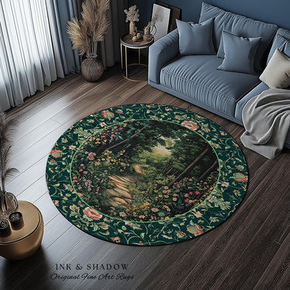 Woodland Forest Cottagecore Round Rug | Fairycore Aesthetic Magical Woodland Bedroom Emerald Green Home Decor Whimsigothic Floor Mat Indie |