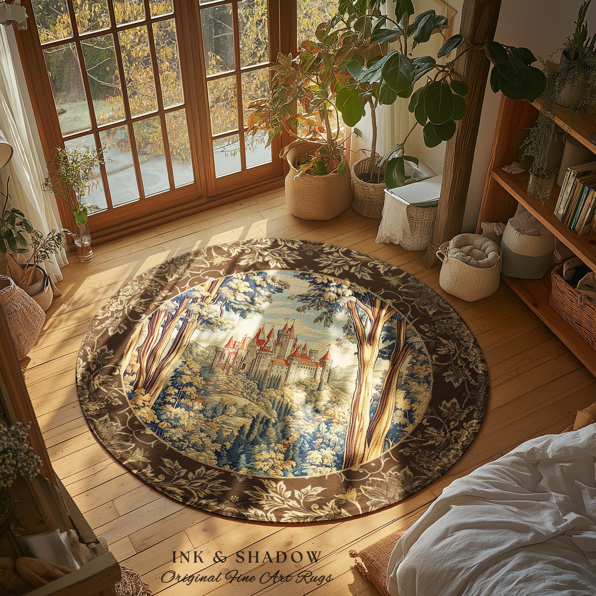 Book Nook Fairytale Castle Round Area Rug | Woodland Fairycore Bohemian Rug Folklore Aesthetic Magical Landscape Forestcore Dark Academia |