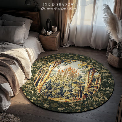 Mystic Castle Book Nook Round Rug | Ethereal Fairycore Large Area Rug Folklore Aesthetic Magical Woodland Botanical Bedroom Dark Academia |