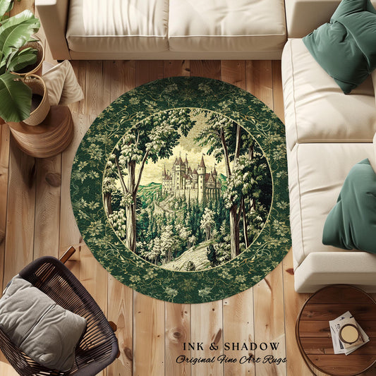 Medieval Castle Woodland Forest Round Rug | Forestcore Dark Academia Fairytale Inspired Fairycore Aesthetic Accent Rug Magical Emerald Decor
