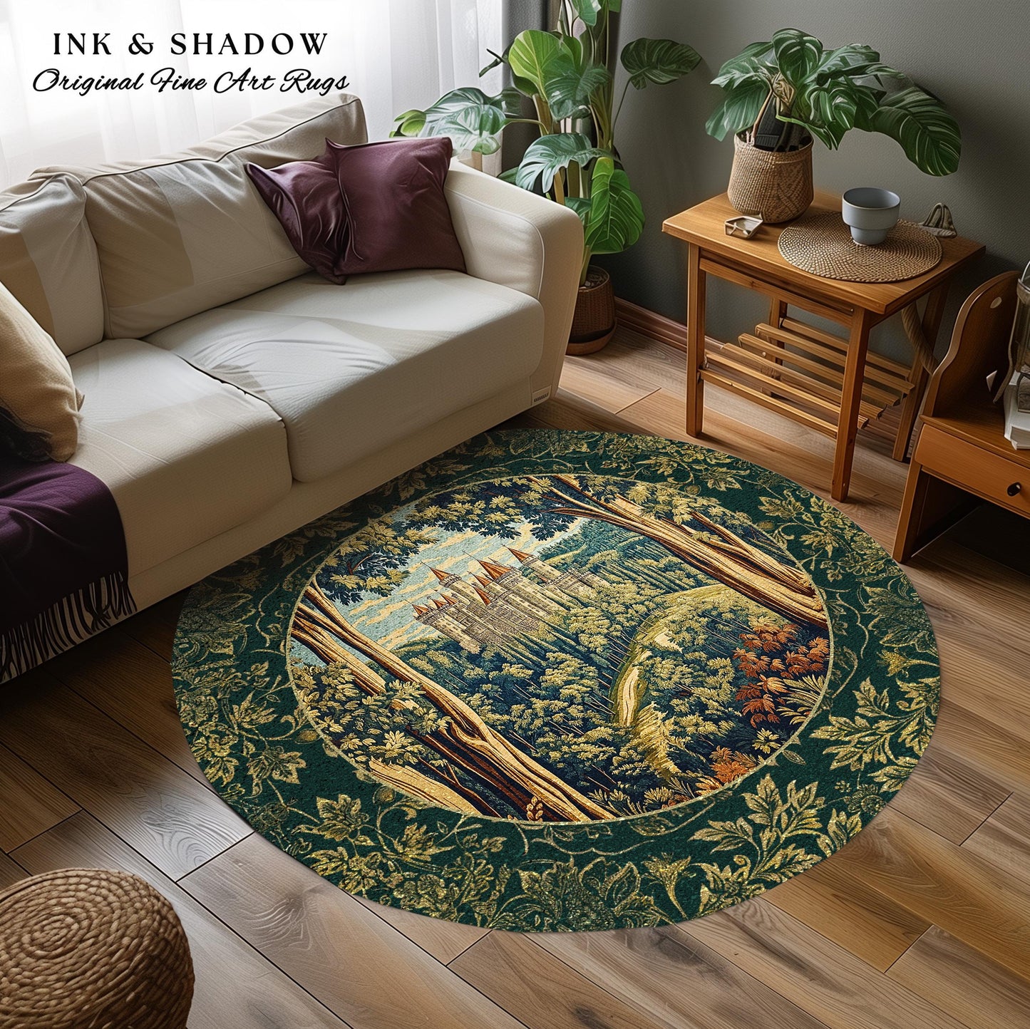 Fairytale Aesthetic Castle Round Rug | Fairycore Large Area Rug Folklore Inspired Magical Woodland Bedroom Decor Whimsigothic Mat Ethereal |
