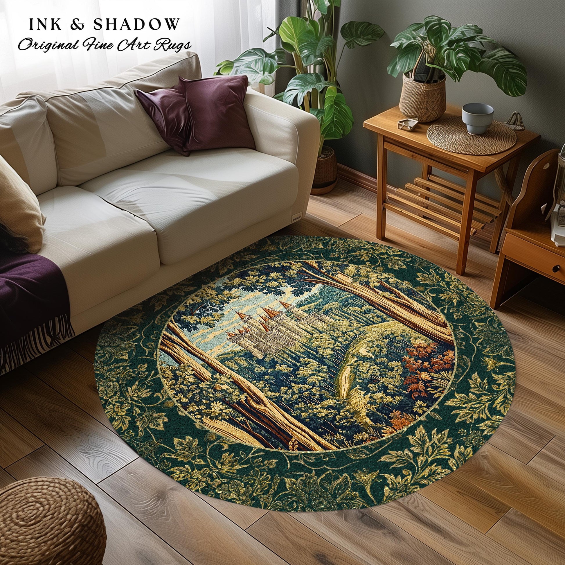 Fairytale Aesthetic Castle Round Rug | Fairycore Large Area Rug Folklore Inspired Magical Woodland Bedroom Decor Whimsigothic Mat Ethereal |