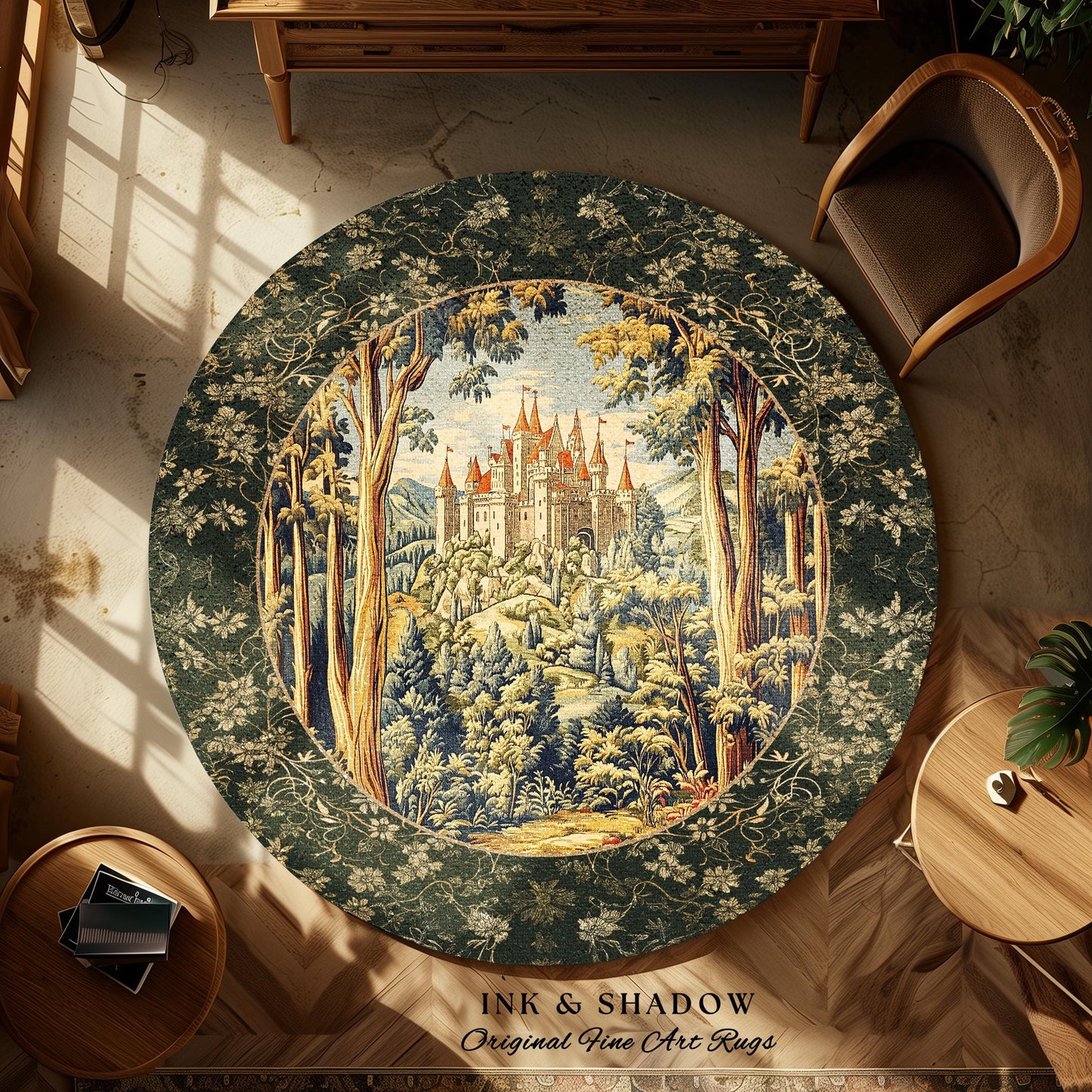 Mystic Castle Book Nook Round Rug | Ethereal Fairycore Large Area Rug Folklore Aesthetic Magical Woodland Botanical Bedroom Dark Academia |