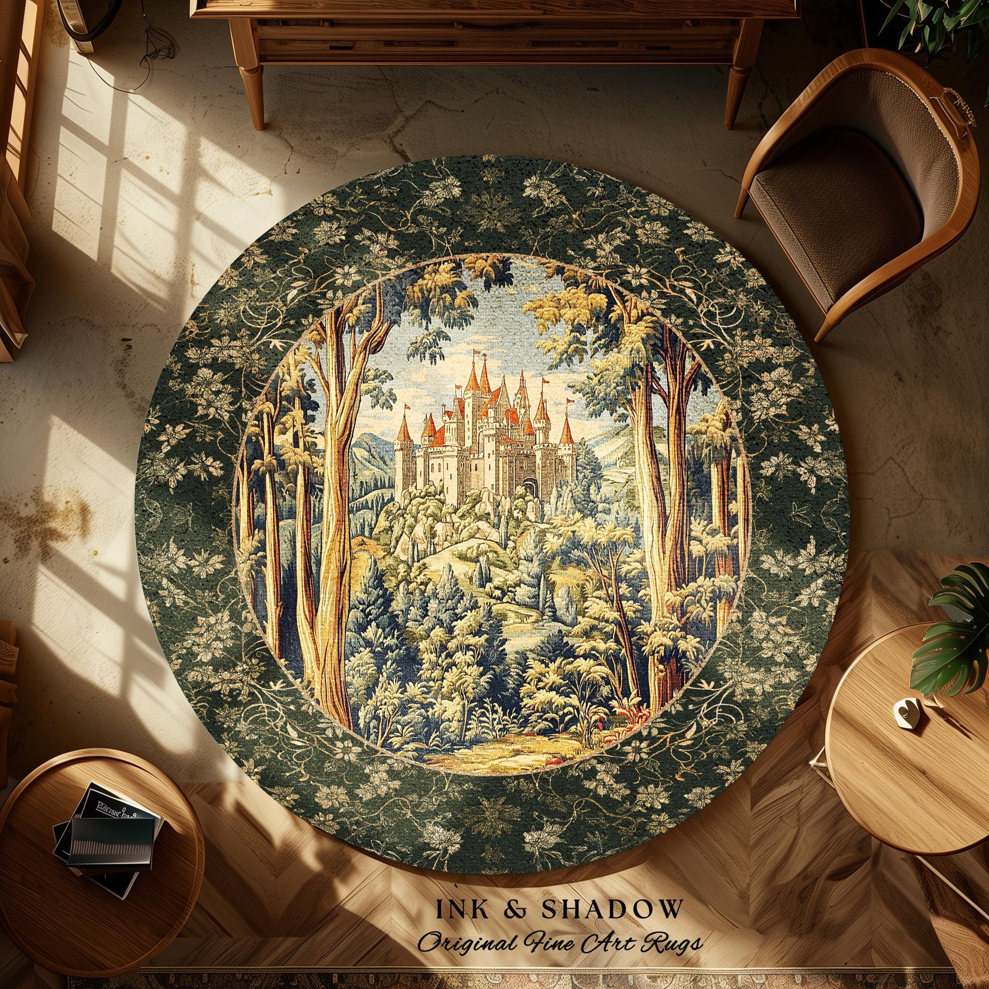Mystic Castle Book Nook Round Rug | Ethereal Fairycore Large Area Rug Folklore Aesthetic Magical Woodland Botanical Bedroom Dark Academia |