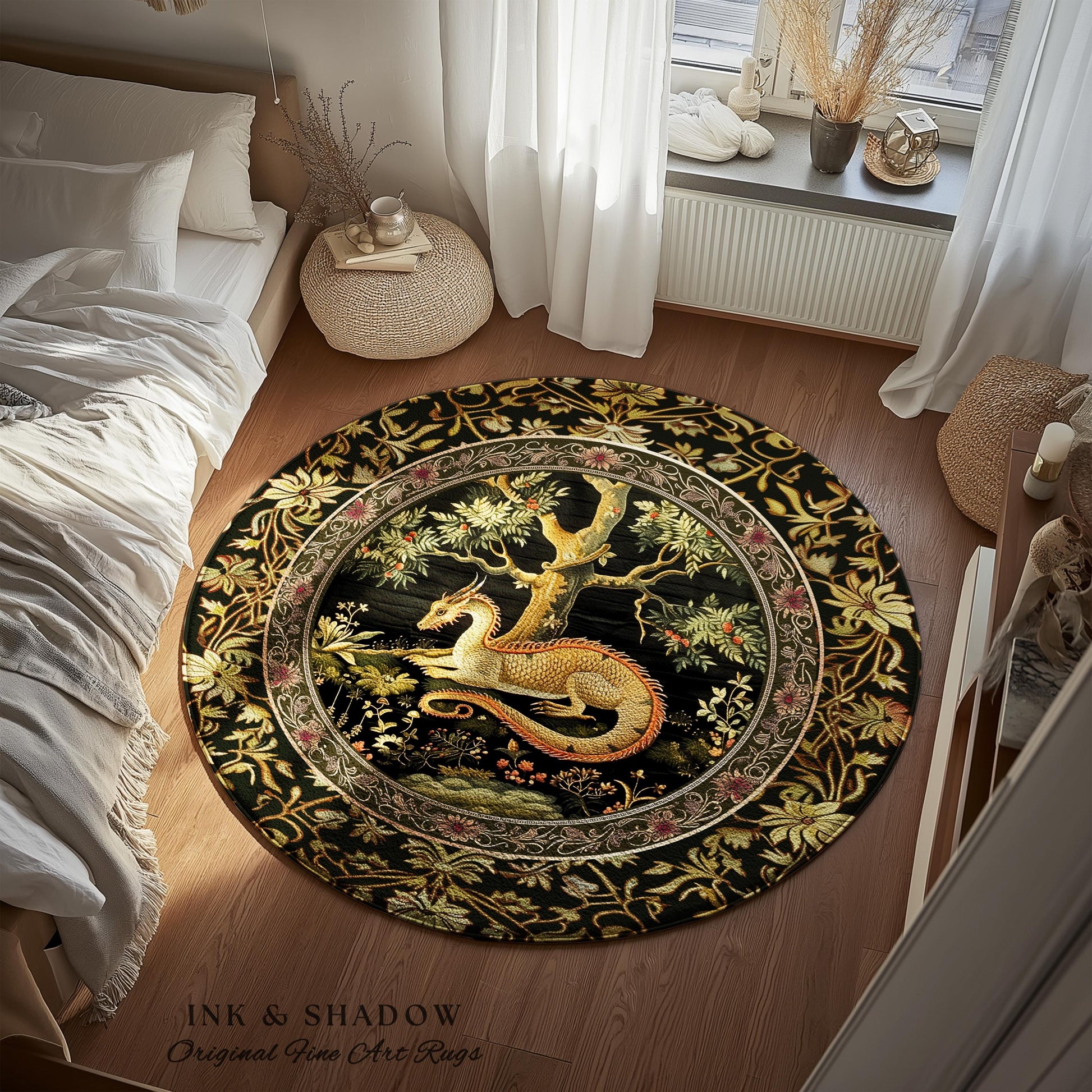 Bohemian Dragon Round Area Rug Artistic Escape Academia Baroque Inspired | Ethereal Gothic Enchanting Mystical Art Nouveau Antique Decor |