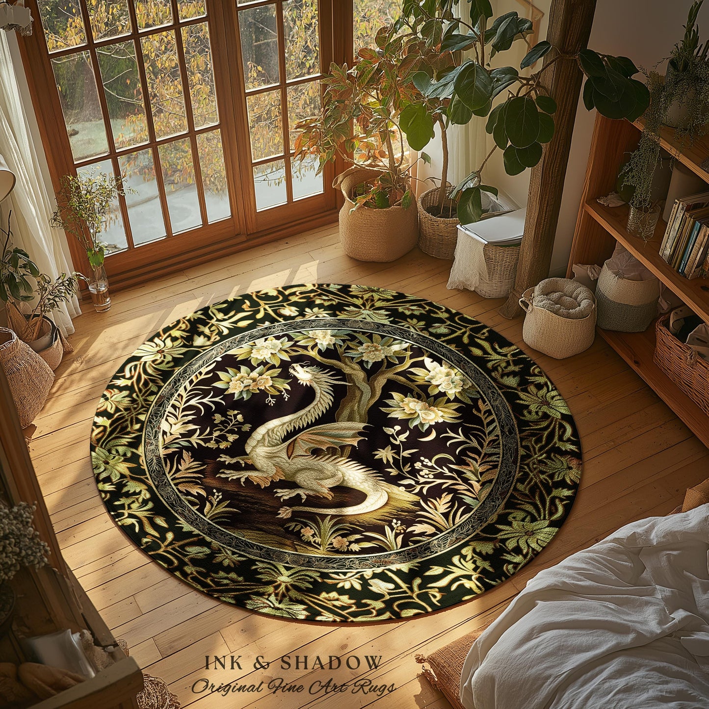 Woodland Gothic White Dragon Round Area Rug Enchanted Forest Decor | Mystical Dark Academia Whimsical Fantasy Forestcore Dark Nature Decor