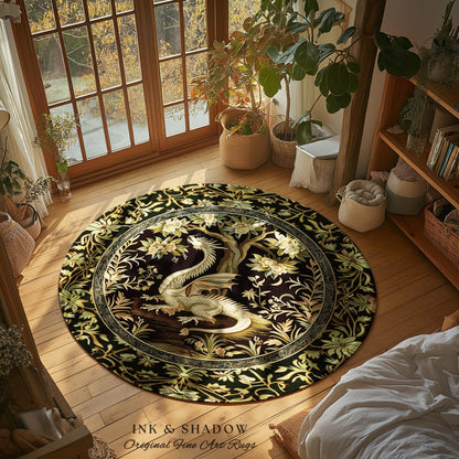 Woodland Gothic White Dragon Round Area Rug Enchanted Forest Decor | Mystical Dark Academia Whimsical Fantasy Forestcore Dark Nature Decor