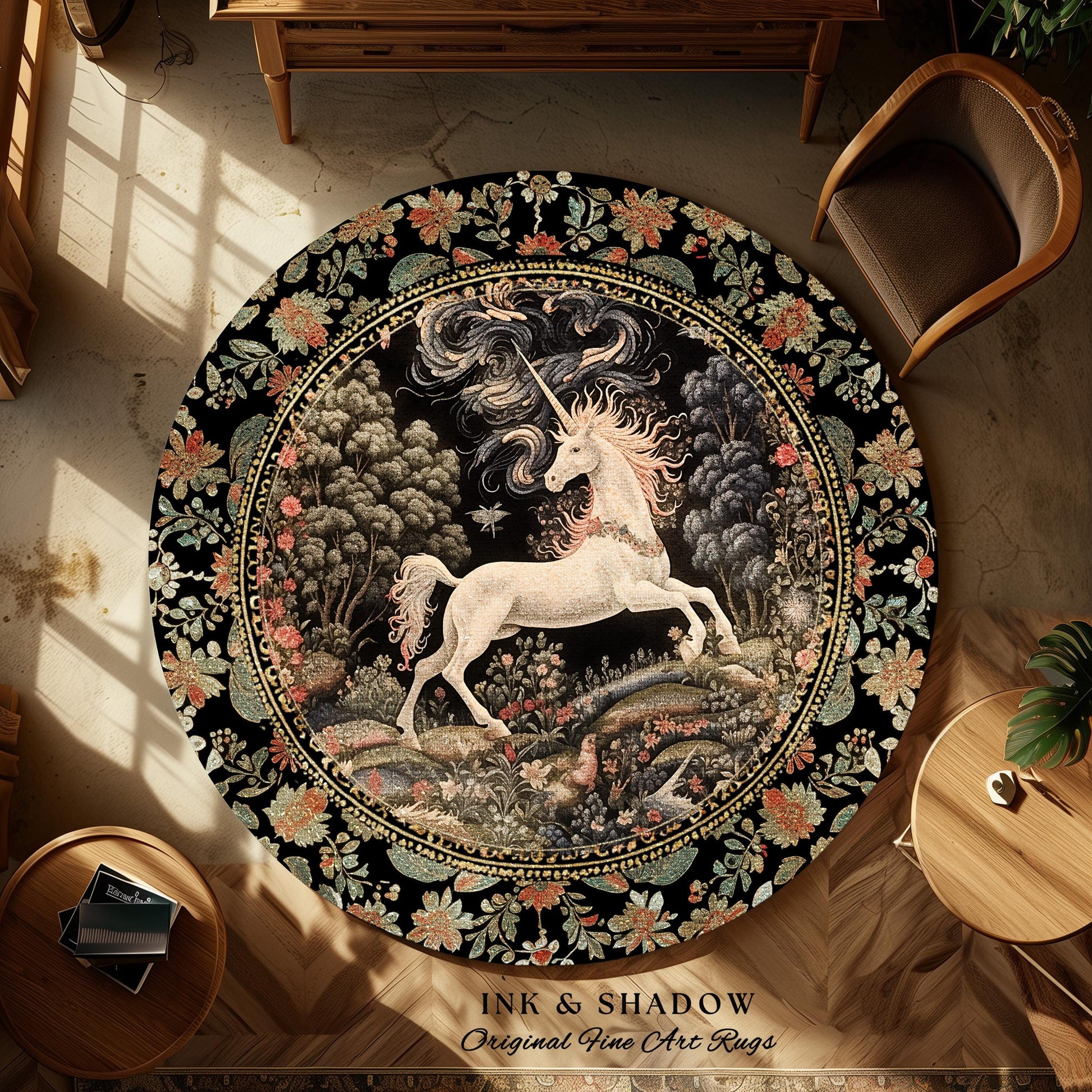 Enchanted Unicorn Round Accent Rug | Fairytale Aesthetic Nursery Decor Morris Cottagecore Fairycore Nursery Area Rug Mystical Storybook Art