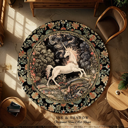 Enchanted Unicorn Round Accent Rug | Fairytale Aesthetic Nursery Decor Morris Cottagecore Fairycore Nursery Area Rug Mystical Storybook Art