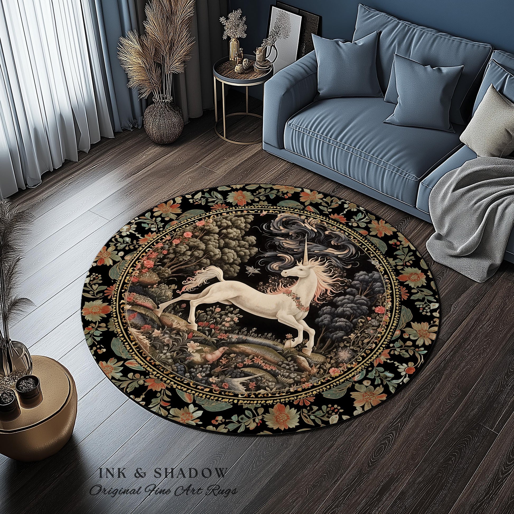 Enchanted Unicorn Round Accent Rug | Fairytale Aesthetic Nursery Decor Morris Cottagecore Fairycore Nursery Area Rug Mystical Storybook Art