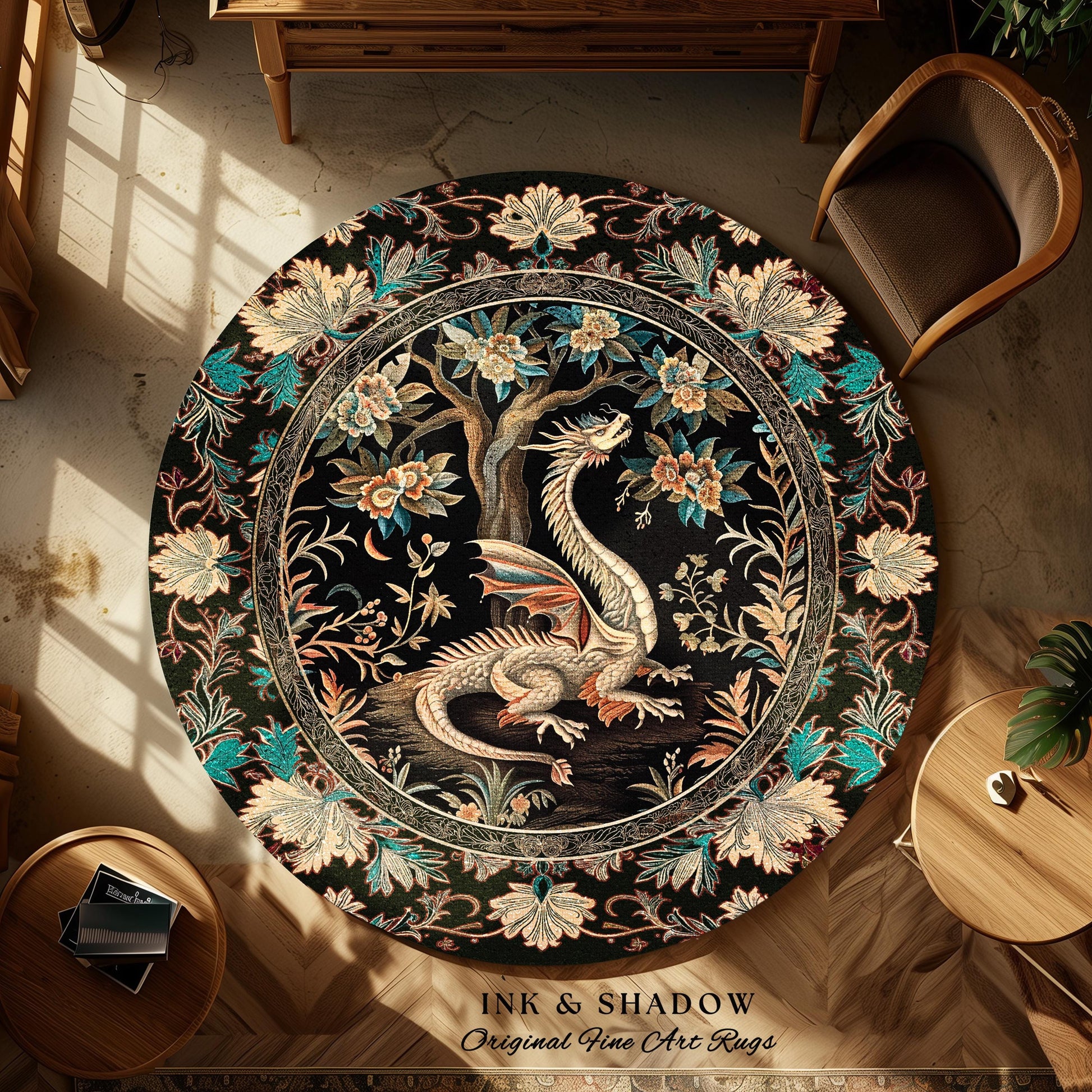 Dark Nature Enchanting Dragon Art Exotic Home Decor Mystical Fantasy Round Dragon Rug | Ethereal Woodland Magical Creature Goblincore Rugs