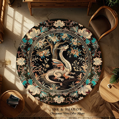 Dark Nature Enchanting Dragon Art Exotic Home Decor Mystical Fantasy Round Dragon Rug | Ethereal Woodland Magical Creature Goblincore Rugs