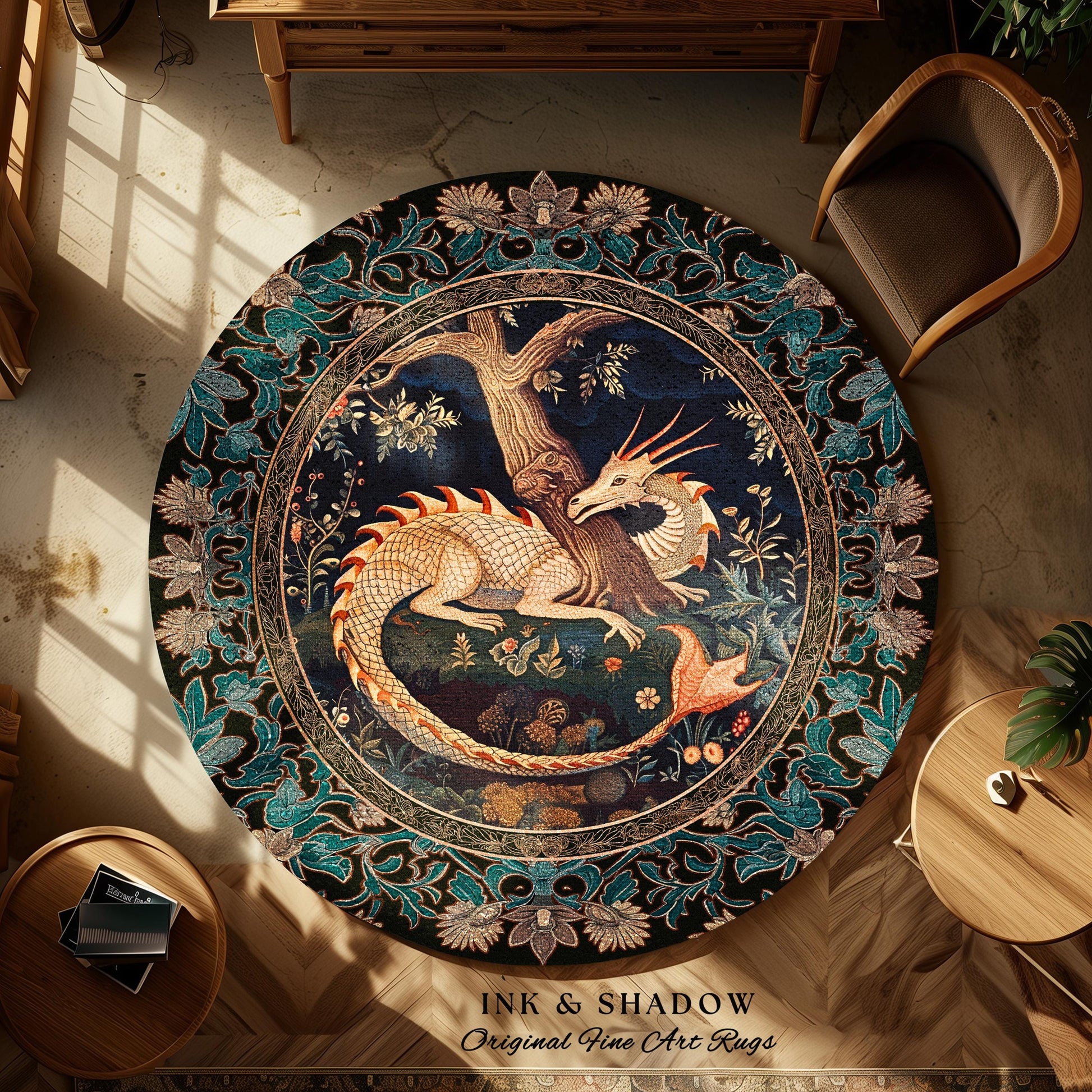 Baroque Victorian Gothic Woodland Dragon Round Rug Floral Folklore Aesthetic | Dark Botanical Goblincore Antique Cottagecore Mythical Decor
