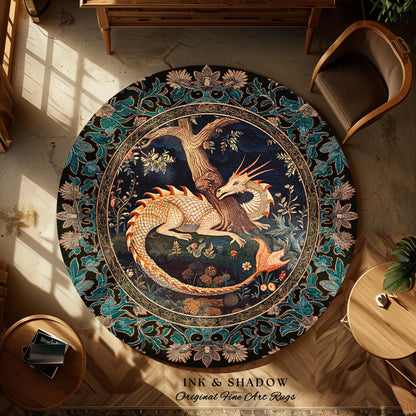 Baroque Victorian Gothic Woodland Dragon Round Rug Floral Folklore Aesthetic | Dark Botanical Goblincore Antique Cottagecore Mythical Decor