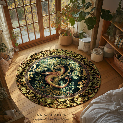 Ornate Victorian Gothic Round Dragon Area Rug Enchanted Baroque Medieval Forestcore | Mystic Vintage Fantasy Forest Whimsical Woodland Decor