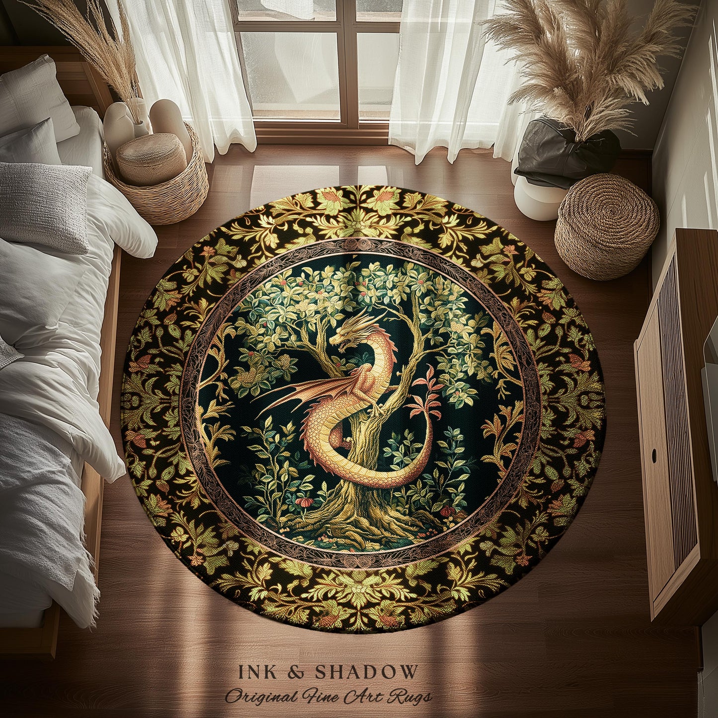 Ornate Victorian Gothic Round Dragon Area Rug Enchanted Baroque Medieval Forestcore | Mystic Vintage Fantasy Forest Whimsical Woodland Decor
