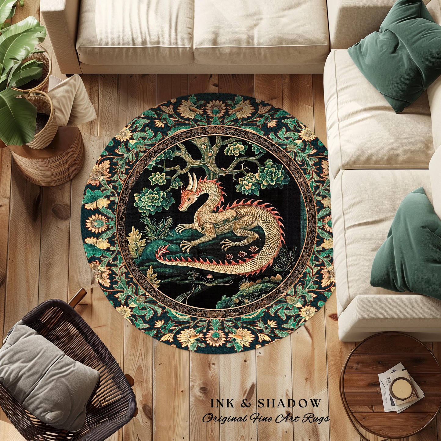 Woodland Dragon Round Area Rug Enchanted Forest Medieval Fantasy Charm Dark Forestcore Fairytale Cottagecore Renaissance Nature Home Accent