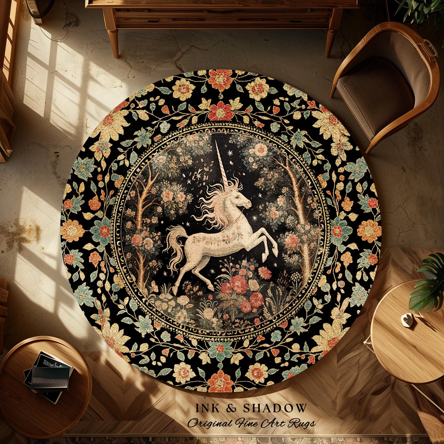 Mystical Folklore Unicorn Round Rug | Whimsical Decor Morris Inspired Cottagecore Aesthetic Pastel Floral Woodland Fairycore Large Area Rug