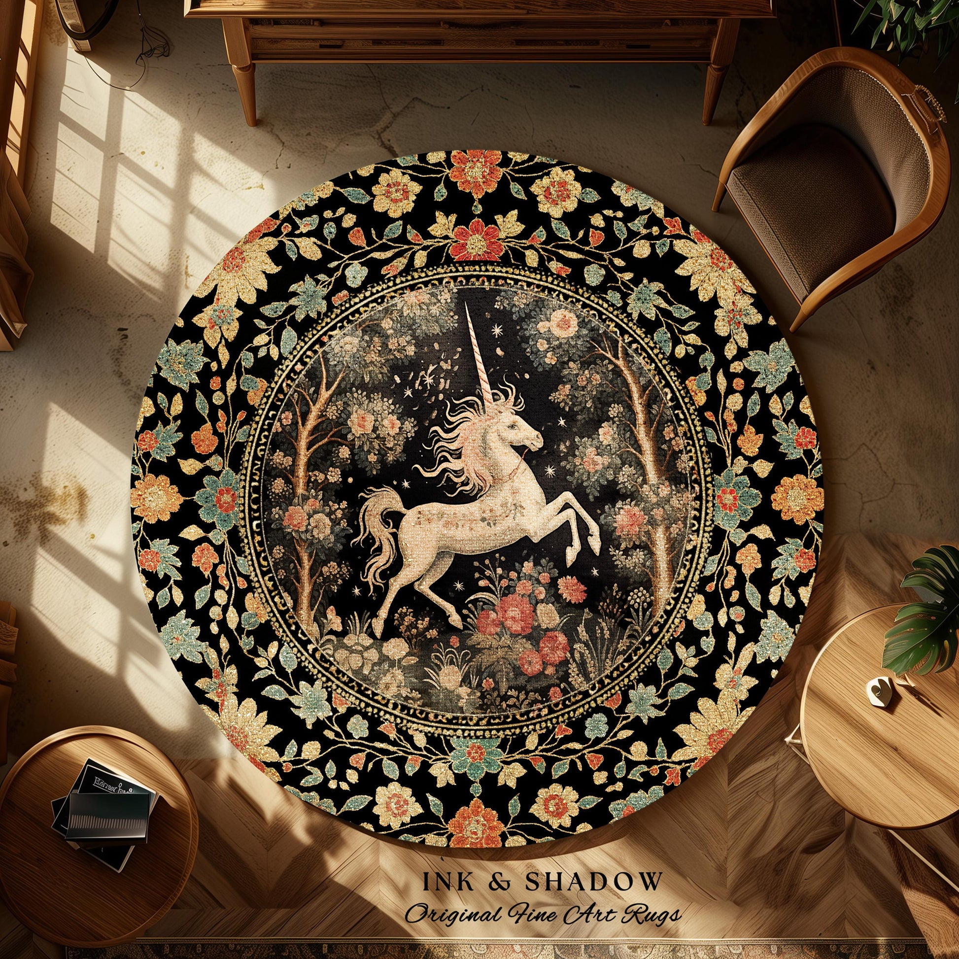 Mystical Folklore Unicorn Round Rug | Whimsical Decor Morris Inspired Cottagecore Aesthetic Pastel Floral Woodland Fairycore Large Area Rug
