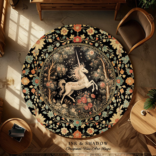 Mystical Folklore Unicorn Round Rug | Whimsical Decor Morris Inspired Cottagecore Aesthetic Pastel Floral Woodland Fairycore Large Area Rug
