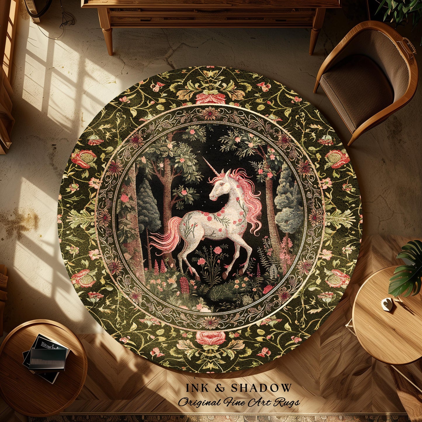 Enchanted Forest Unicorn Round Rug Mystical Woodland Runner | Romantic Baroque Art Fairycore Vintage Aesthetic Mythical Creatures Forestcore
