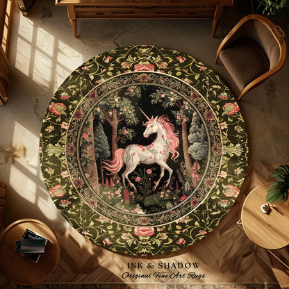 Enchanted Forest Unicorn Round Rug Mystical Woodland Runner | Romantic Baroque Art Fairycore Vintage Aesthetic Mythical Creatures Forestcore