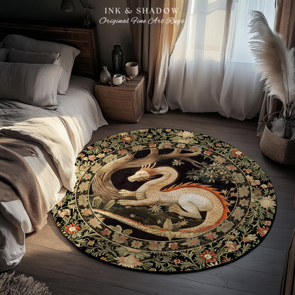 Dragon Lover Round Area Rug | Medieval Folklore Room Decor Fairytale Inspired DnD Gift Dark Cottagecore Fairycore Mystical Game Room Accent