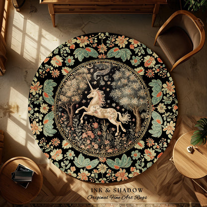 Ethereal Unicorn Whimsical Round Area Rug | Folklore Nursery Decor William Morris Inspired Cottagecore Aesthetic Woodland Pastel Magical |