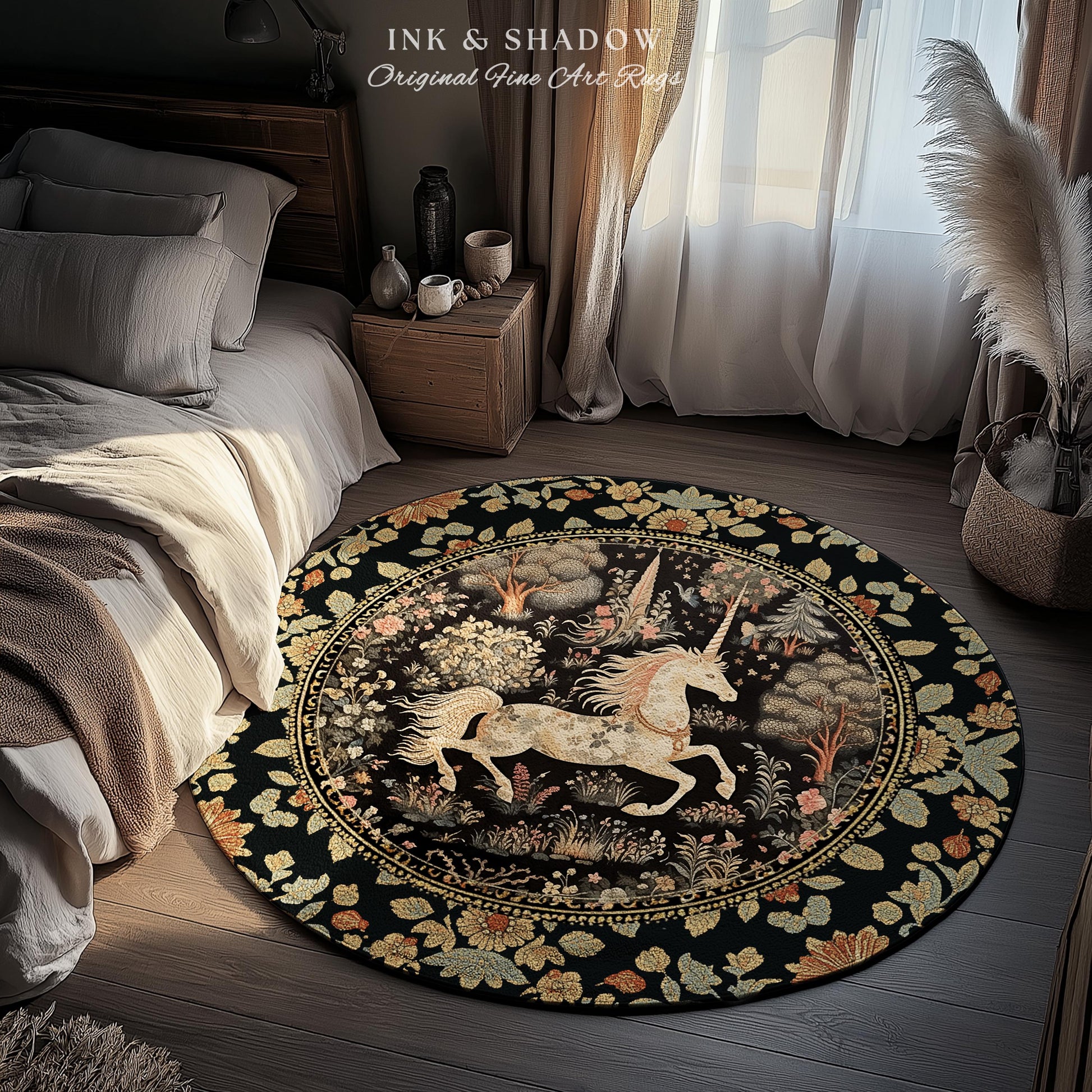 Fairy Grunge Unicorn Round Rug | Folklore Aesthetic Nursery Decor Morris Style Cottagecore Woodland Fairycore Mystical Ethereal Unicorn Boho