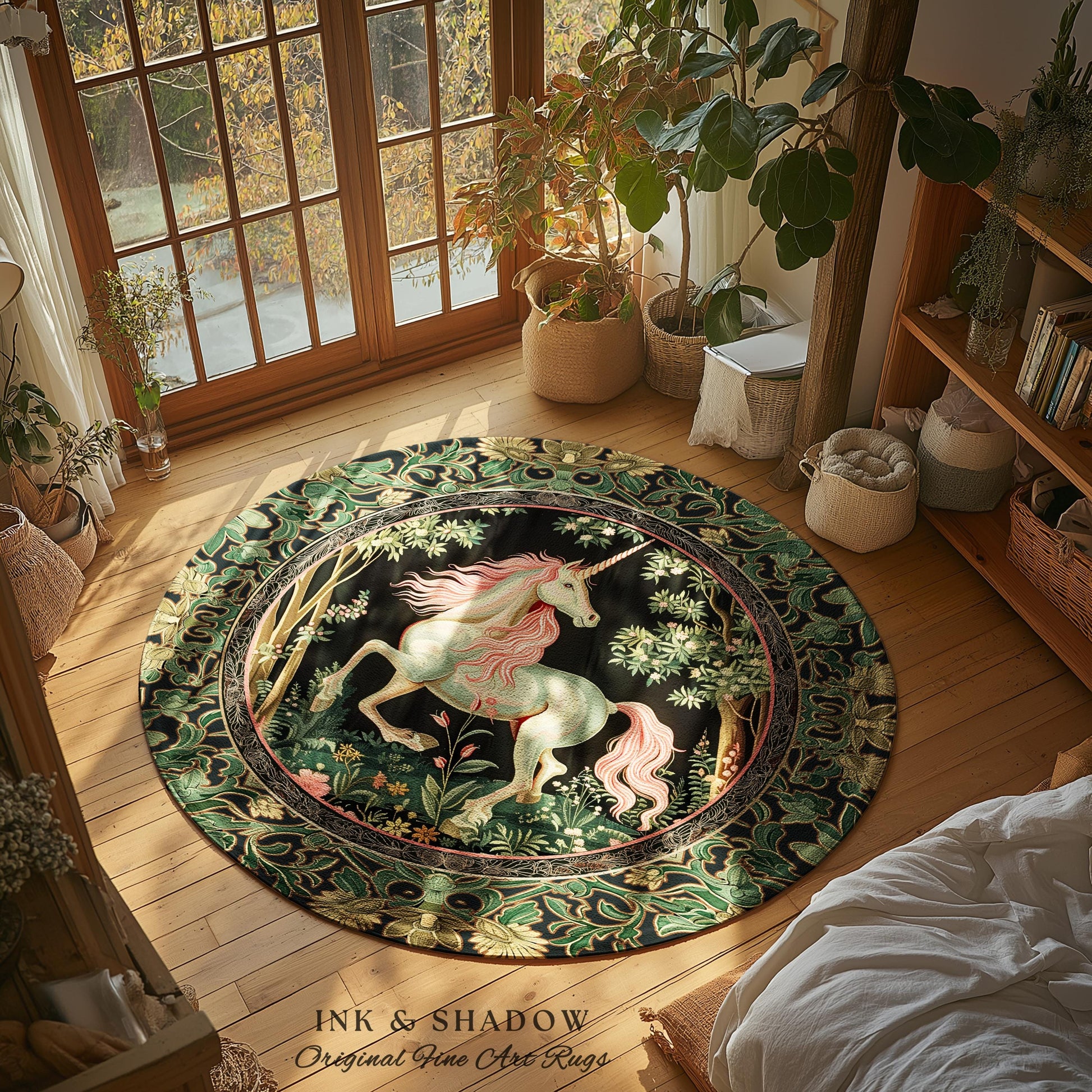 Whimsical Enchanted Unicorn Round Rug Victorian Gothic Dark Cottagecore Decor, Renaissance Folklore Accent Baroque Fairytale Aesthetic Home