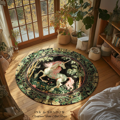 Whimsical Enchanted Unicorn Round Rug Victorian Gothic Dark Cottagecore Decor, Renaissance Folklore Accent Baroque Fairytale Aesthetic Home