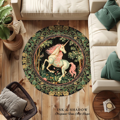 Whimsical Enchanted Unicorn Round Rug Victorian Gothic Dark Cottagecore Decor, Renaissance Folklore Accent Baroque Fairytale Aesthetic Home